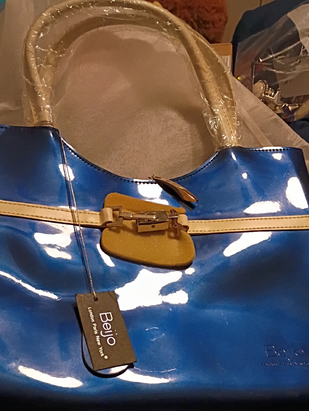 Beijo Glossy Blue Tote with White Handles and Silver Accent